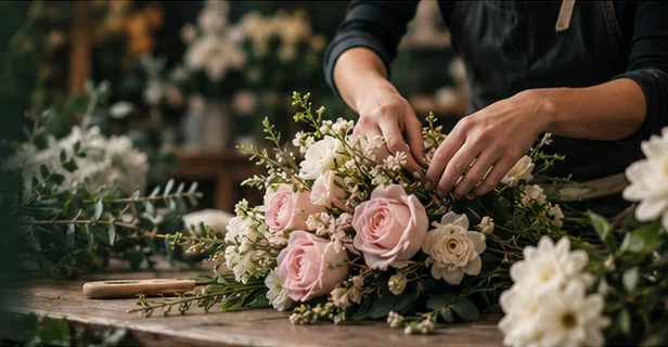 Florista armando a mano un ramo de rosas rosadas y blancas