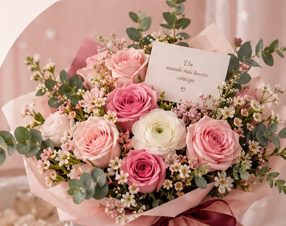 Ramo de rosas rosadas, ranúnculos y flores de cera con una tarjeta que dice «Un mundo más bonito contigo»